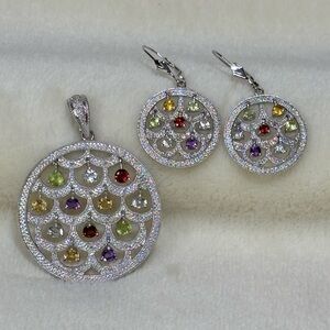 Vintage Ross Simons Sterling Silver Multi Gemstone Cluster Pendant & earrings